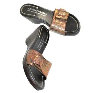 Donald J Pliner Vera Bronze & Brown Croc Buckle Accent Wedge Heel Size 7.5